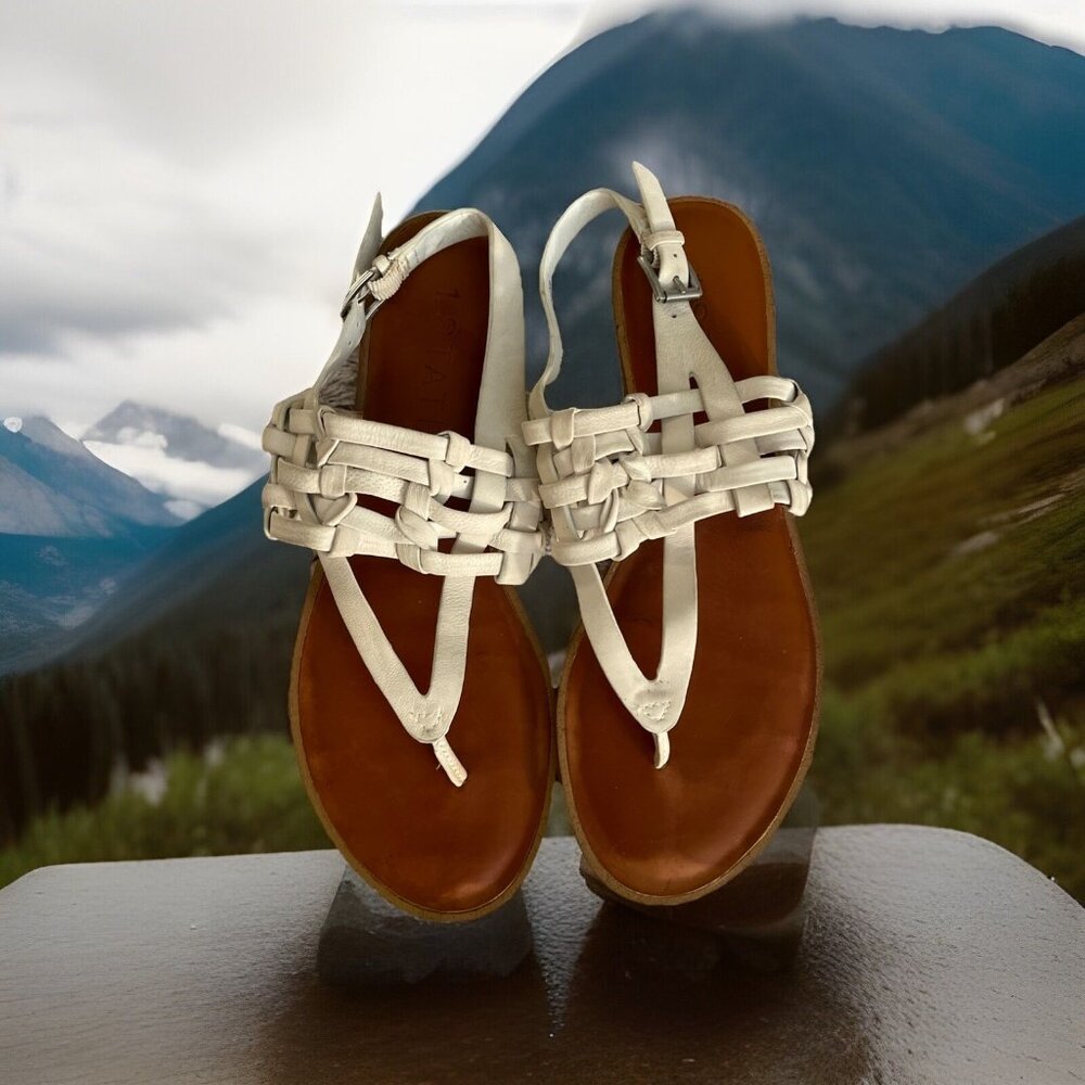 1.STATE "Lenn" Sandals, Size 8.5 M, White Leather Strapy Natural Buckle Flats